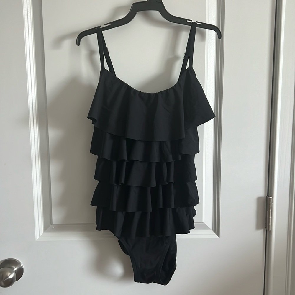 MK Ladies Black Tiered Ruffle Front Bathing Suit